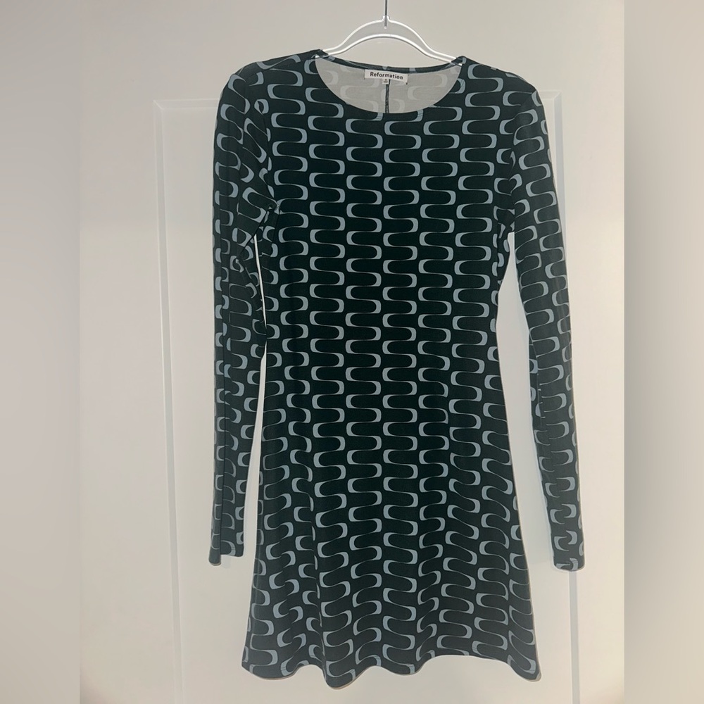 Reformation Green and Gray Geometric Long Sleeve Dress
